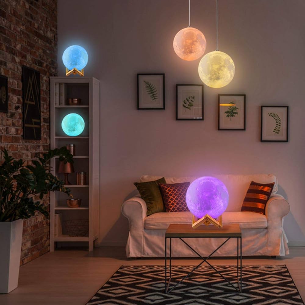 3D Moon Lamp Night Light with Wooden Stand, 15 cm Diameter, Warm White LED