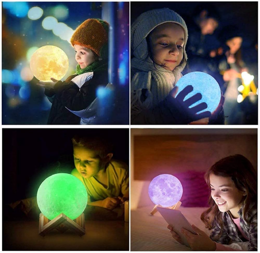 3D Moon Lamp Night Light with Wooden Stand, 15 cm Diameter, Warm White LED