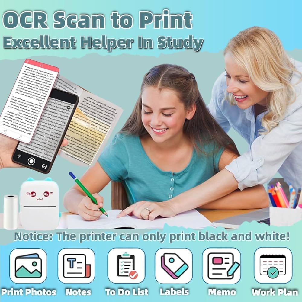 Mini Bluetooth Thermal Printer, Portable Label Printer Inkfree Printer for Android & iOS System, Black on White Thermal Printer with Roll of Print Paper (Style 1) (Style 2)