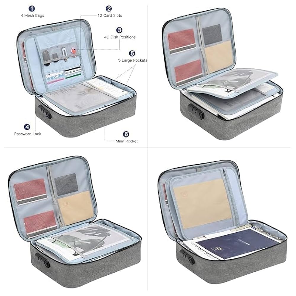 Document Organizer Bag Multilayer Travel File Organiser Document Storage Bag with Lock Waterproof File Folders Certificates A4 Document file organizer Safe Pouch for Home Office Travel