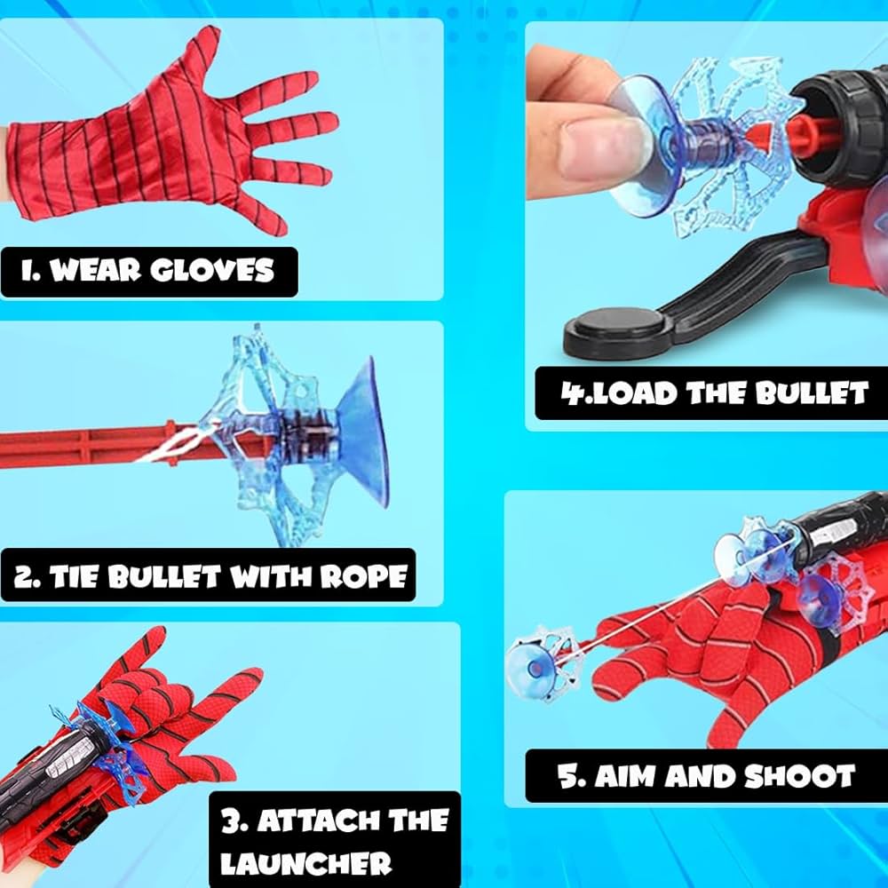 Spider Web Shooter Toys for Kids Real Gadget Toys for Boys Gloves Launcher Wrist Toy for School Fancy Dress Costume, Cosplay Launcher, Sticky Wall Soft Bomb Action Figures, Multicolor