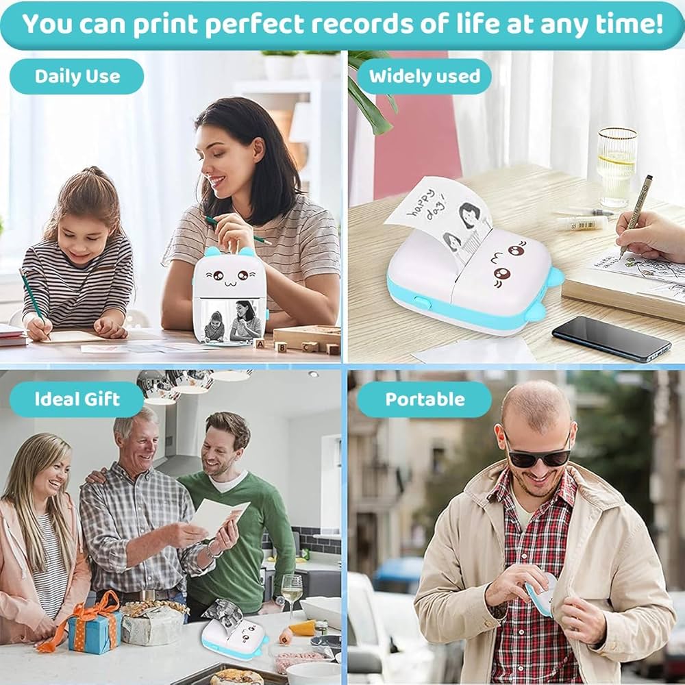 Mini Bluetooth Thermal Printer, Portable Label Printer Inkfree Printer for Android & iOS System, Black on White Thermal Printer with Roll of Print Paper (Style 1) (Style 2)