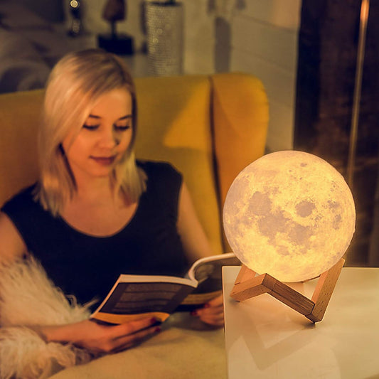 3D Moon Lamp Night Light with Wooden Stand, 15 cm Diameter, Warm White LED