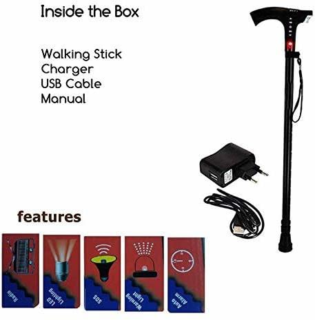 MCP Healthcare Rechargeable Walking Radio Hand Stick Lighting Elderly Walking Stick Adjustable with Alarm Radio Walking Elderly Hand Stick
