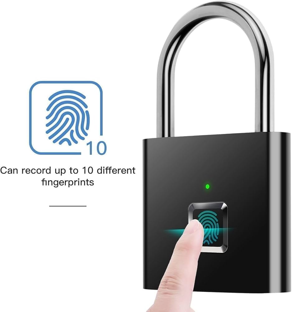 Smart Biometric Fingerprint Padlock – Keyless Security Lock with Up to 10 Fingerprint Storage, Rechargeable Battery & LED Indicator, Durable Waterproof Metal Design for Home