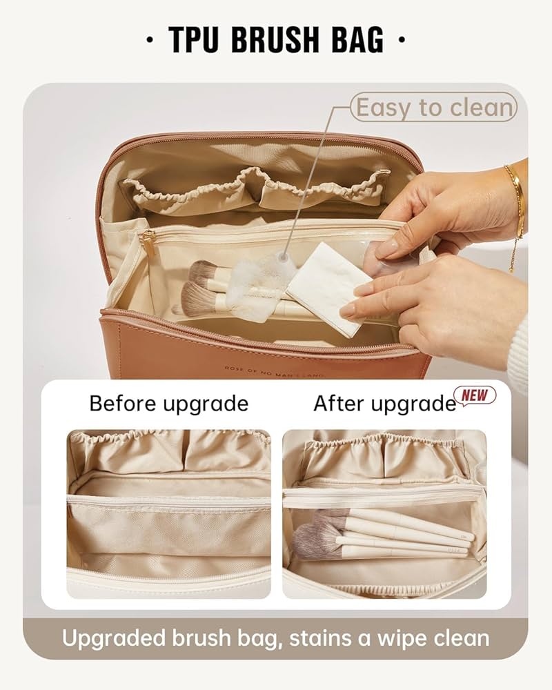 Makeup Pouch, Large Capacity Cosmetic Travel Bag, Women's Makeup Travel Bag Portable Leather Cosmetics Bag, Makeup Bags with Handle and Divider, Wide Opening Makeup Organizer
