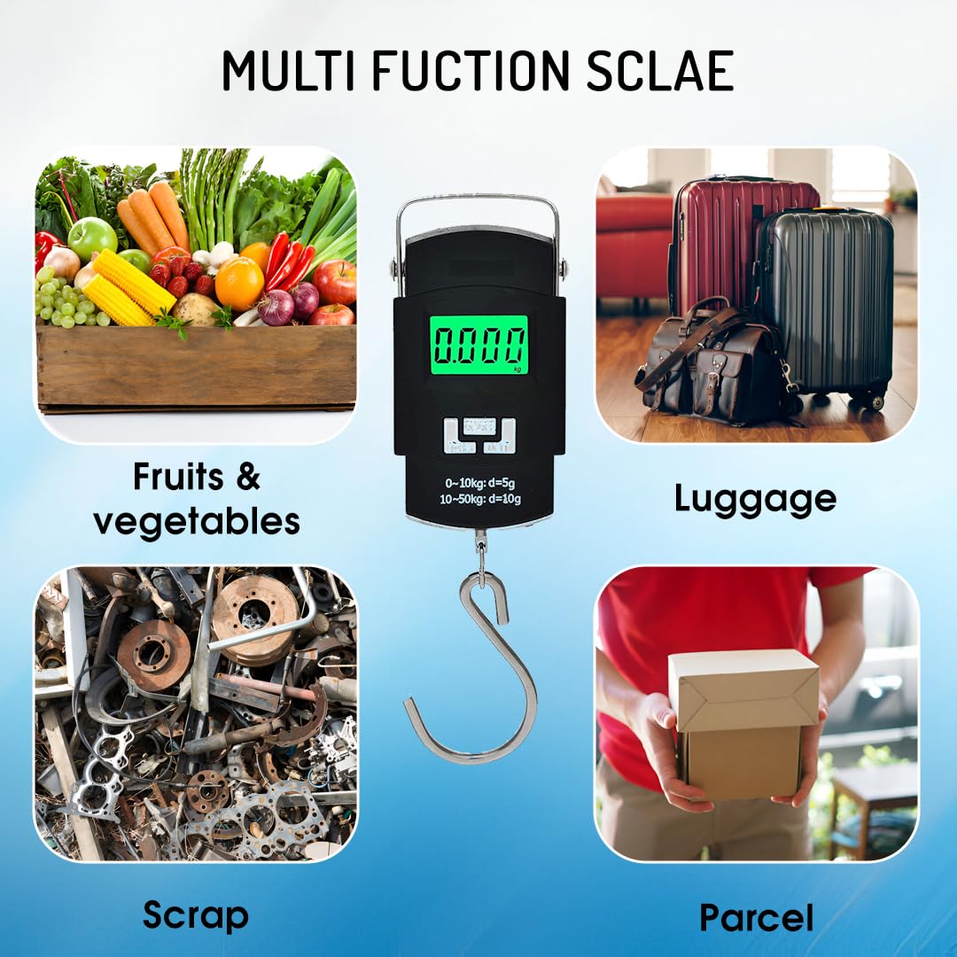 50kg Digital Luggage Weighing Scale. Portable Electronic Weight Machine for Travel & Flights. LCD Display. Accurate, Lightweight, Handheld Luggage Scale for Bags, Suitcases, Home, Airport Use.