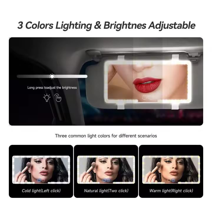 LED Car Vanity Mirror – Rechargeable Sun Visor Makeup Mirror with 3 Light Modes & 80 LEDs, Dimmable Touch Control, Universal Fit for Car, Truck & SUV – Bright & Adjustable Lighting