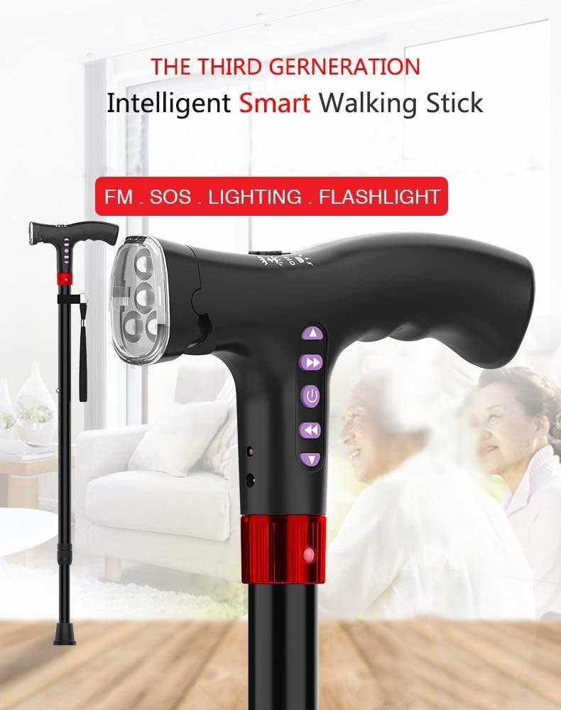 MCP Healthcare Rechargeable Walking Radio Hand Stick Lighting Elderly Walking Stick Adjustable with Alarm Radio Walking Elderly Hand Stick