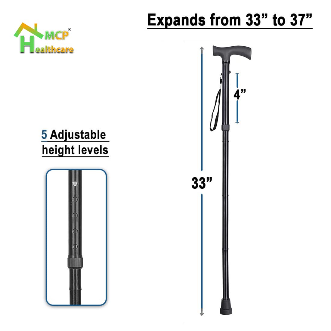 Healthcare 4 Folding Sections Aluminium Foldable Walking Stick Adjustible Height, for Men, Women & Old People Support, Trekking Cane Stick, Easy to Store (Black)