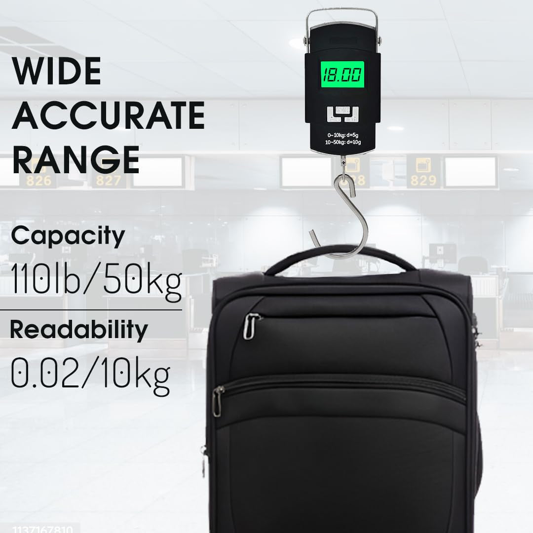 50kg Digital Luggage Weighing Scale. Portable Electronic Weight Machine for Travel & Flights. LCD Display. Accurate, Lightweight, Handheld Luggage Scale for Bags, Suitcases, Home, Airport Use.