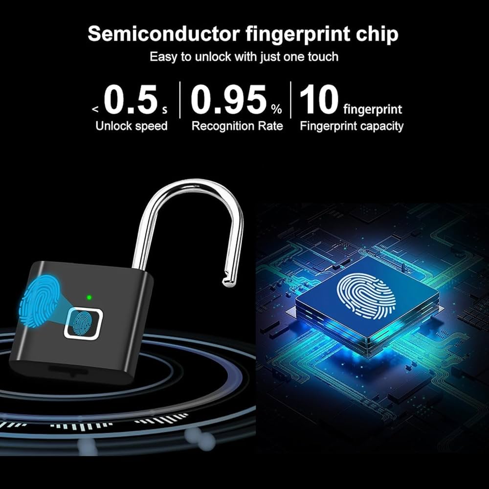 Smart Biometric Fingerprint Padlock – Keyless Security Lock with Up to 10 Fingerprint Storage, Rechargeable Battery & LED Indicator, Durable Waterproof Metal Design for Home