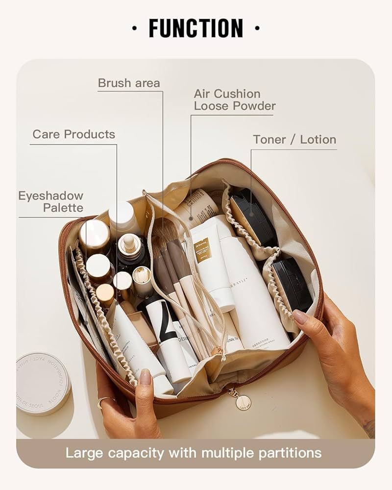 Makeup Pouch, Large Capacity Cosmetic Travel Bag, Women's Makeup Travel Bag Portable Leather Cosmetics Bag, Makeup Bags with Handle and Divider, Wide Opening Makeup Organizer