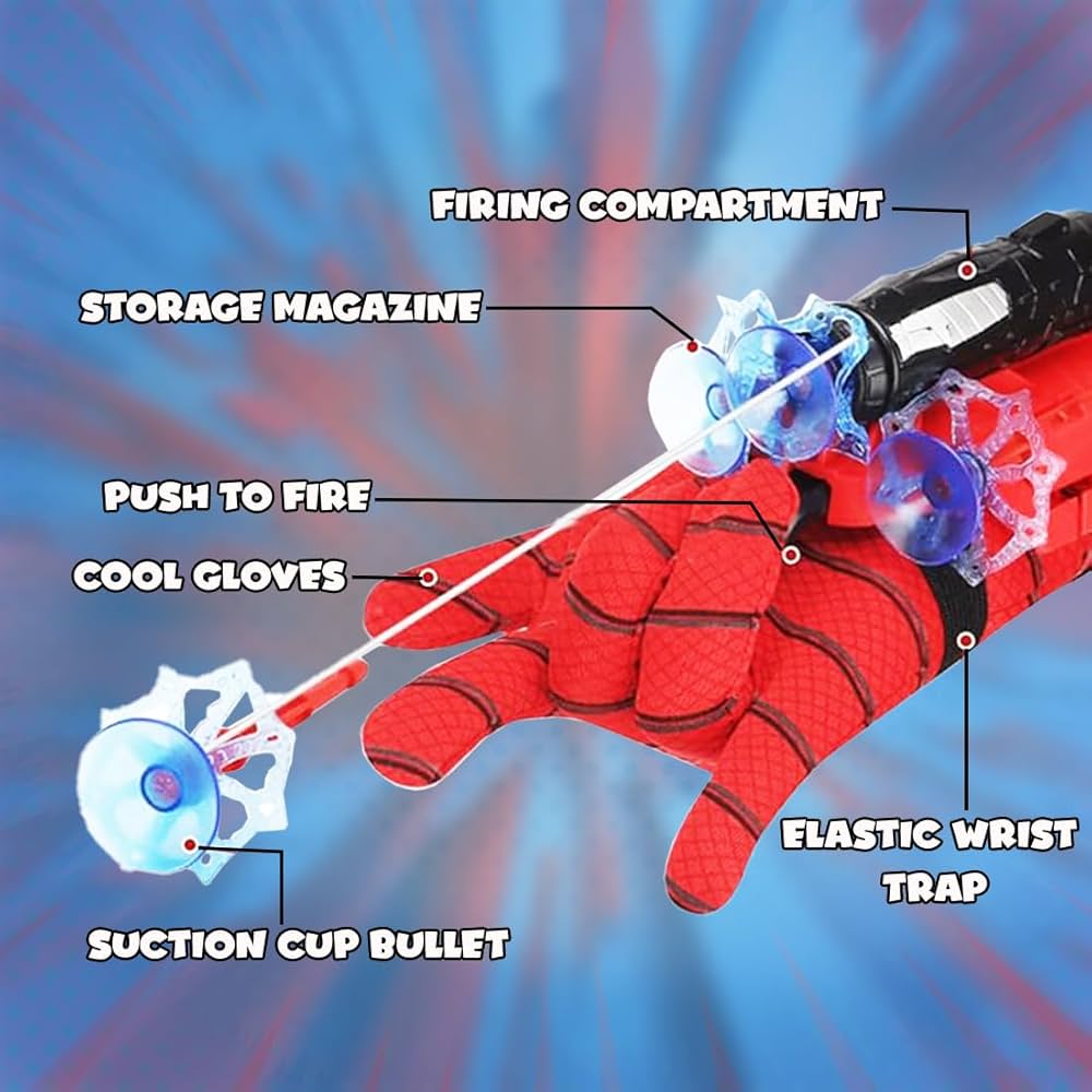 Spider Web Shooter Toys for Kids Real Gadget Toys for Boys Gloves Launcher Wrist Toy for School Fancy Dress Costume, Cosplay Launcher, Sticky Wall Soft Bomb Action Figures, Multicolor