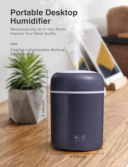 Colorful Mini Humidifier, USB Desktop Humidifier For Car, Office Room, Bedroom, Auto Shut-Off, 2 Mist Modes, Super Quiet (Grey) ,300 Ml