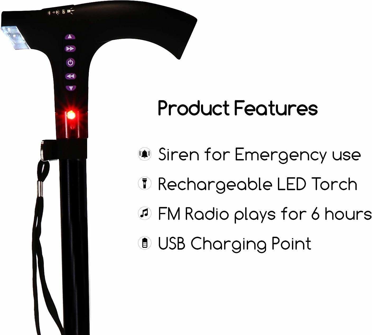 MCP Healthcare Rechargeable Walking Radio Hand Stick Lighting Elderly Walking Stick Adjustable with Alarm Radio Walking Elderly Hand Stick