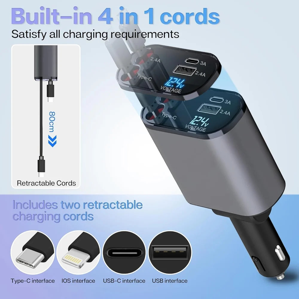 4 in 1 Car Charger 4 in 1 Retractable Car Charger Fast Charger All in One Charger Multi Port Charger