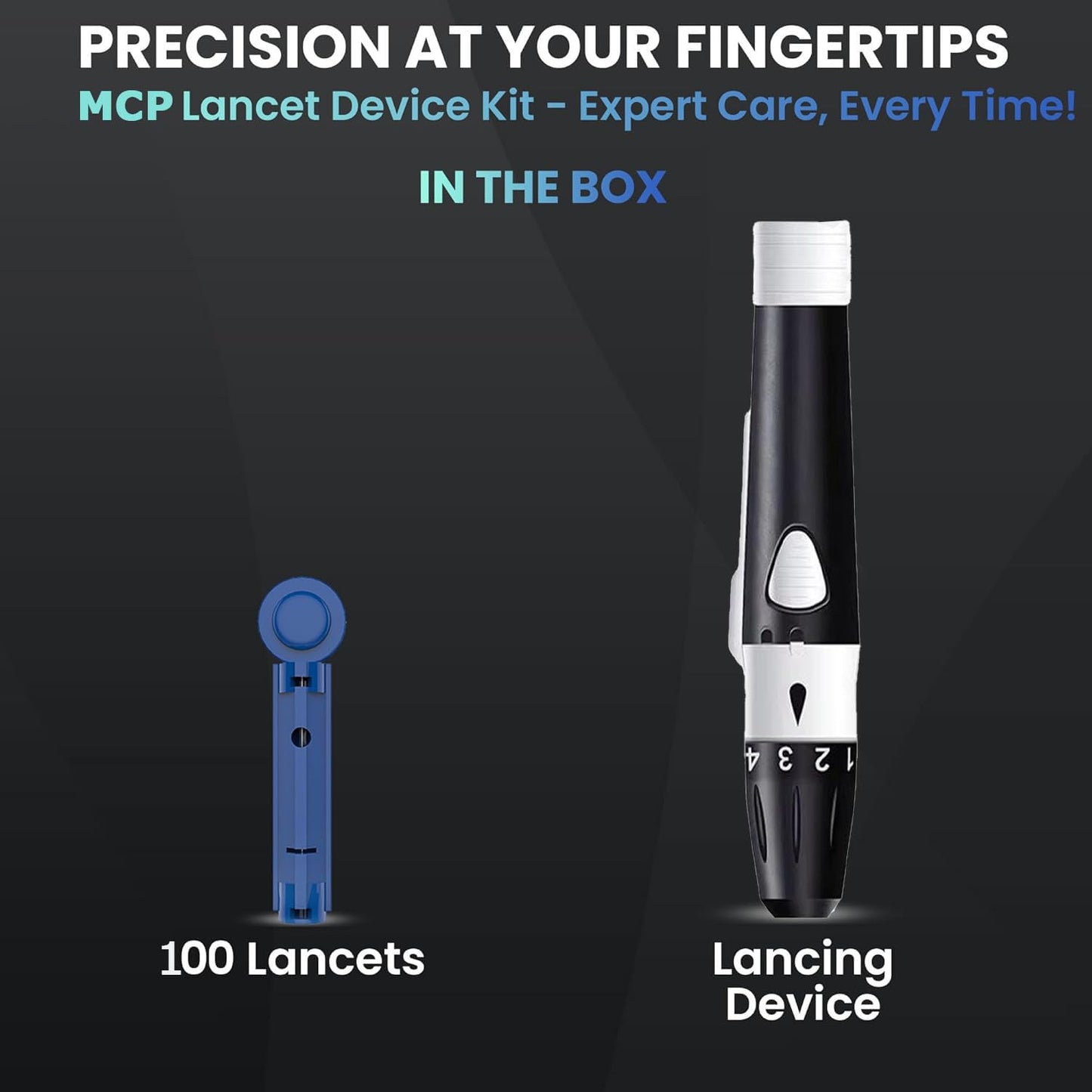 MCP Lancing Device Pen 5 Depth Settings Pain-free with 100 Round Lancets for glucometer gamma Sterilized 30G sugar test needles (Universally Compatible
