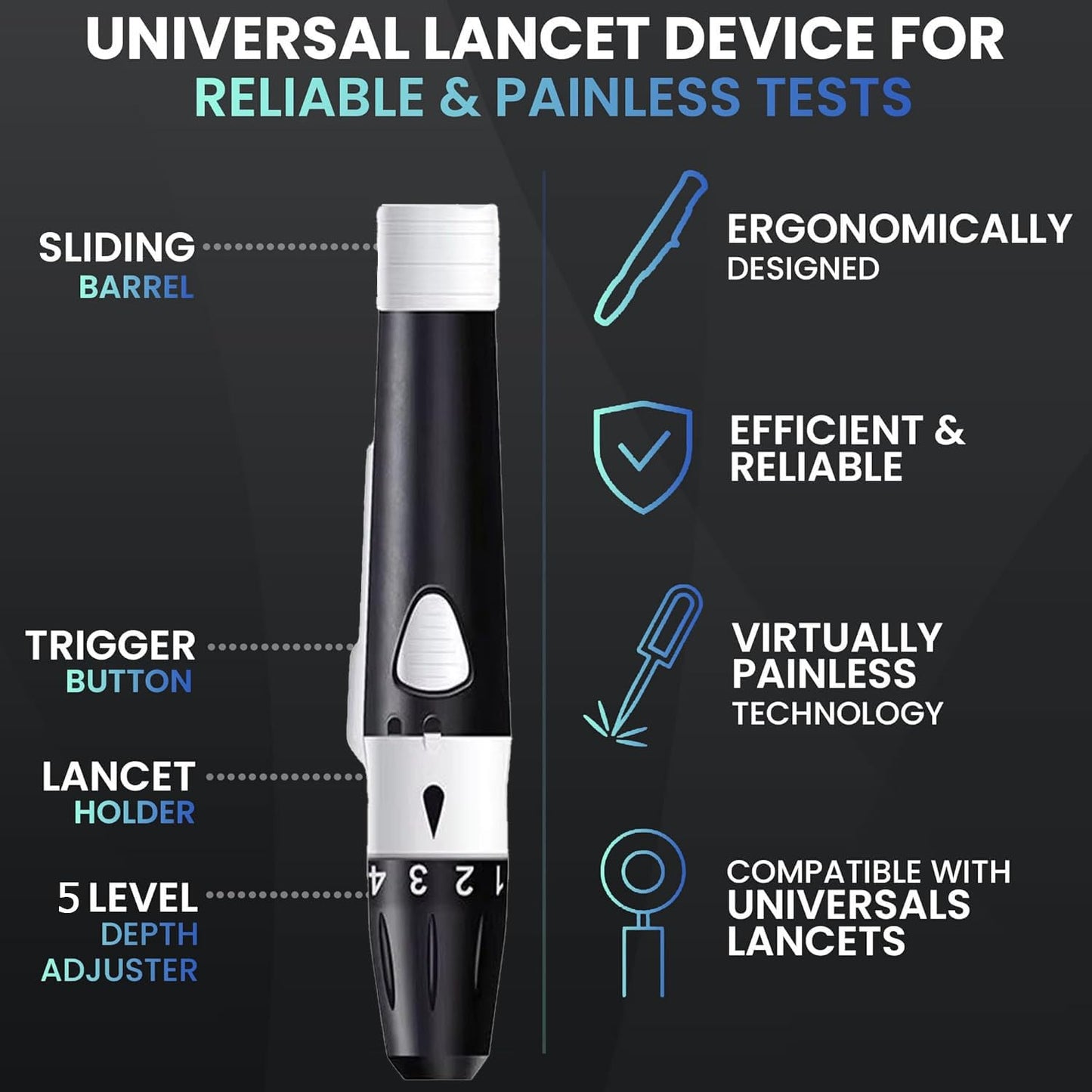 MCP Lancing Device Pen 5 Depth Settings Pain-free with 100 Round Lancets for glucometer gamma Sterilized 30G sugar test needles (Universally Compatible