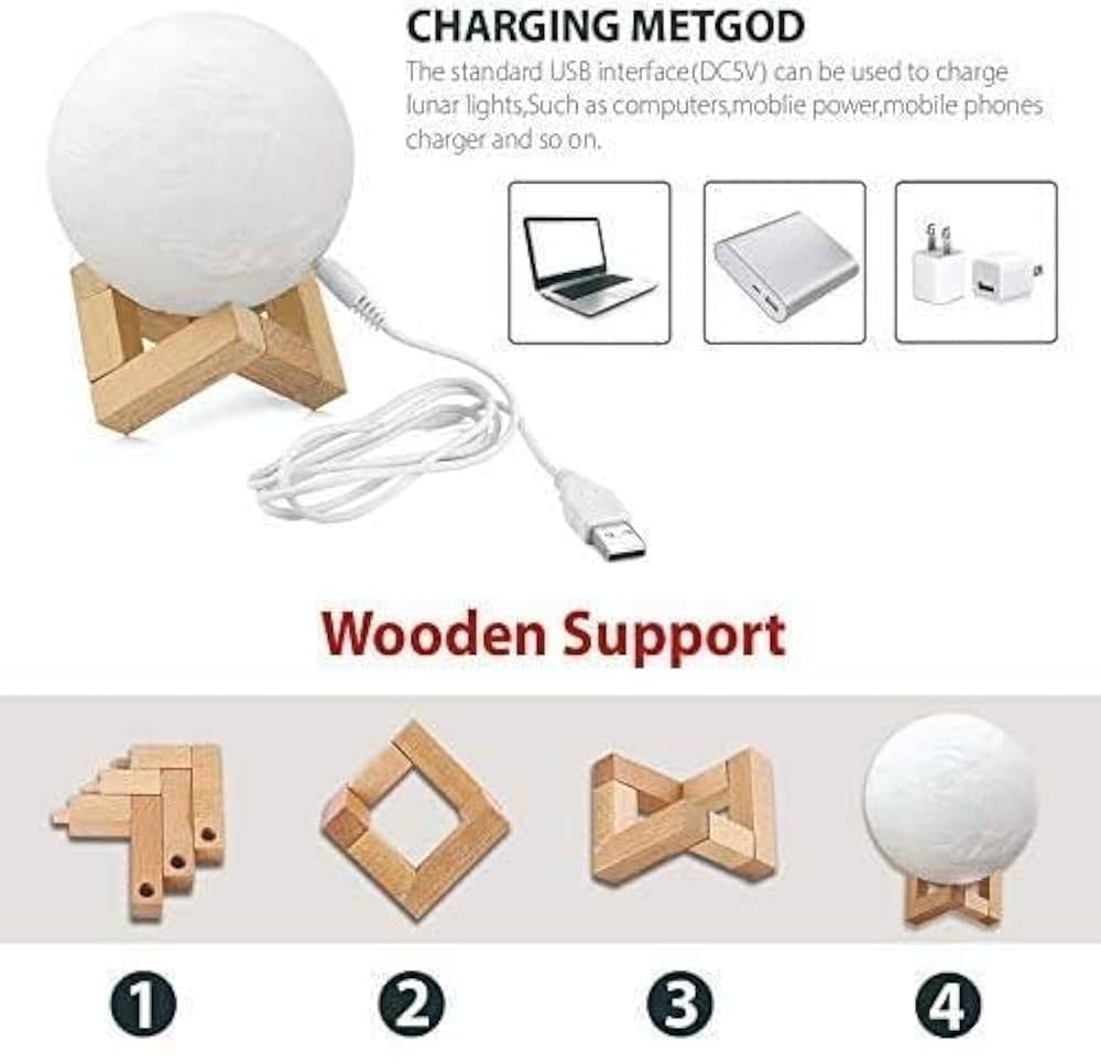 3D Moon Lamp Night Light with Wooden Stand, 15 cm Diameter, Warm White LED