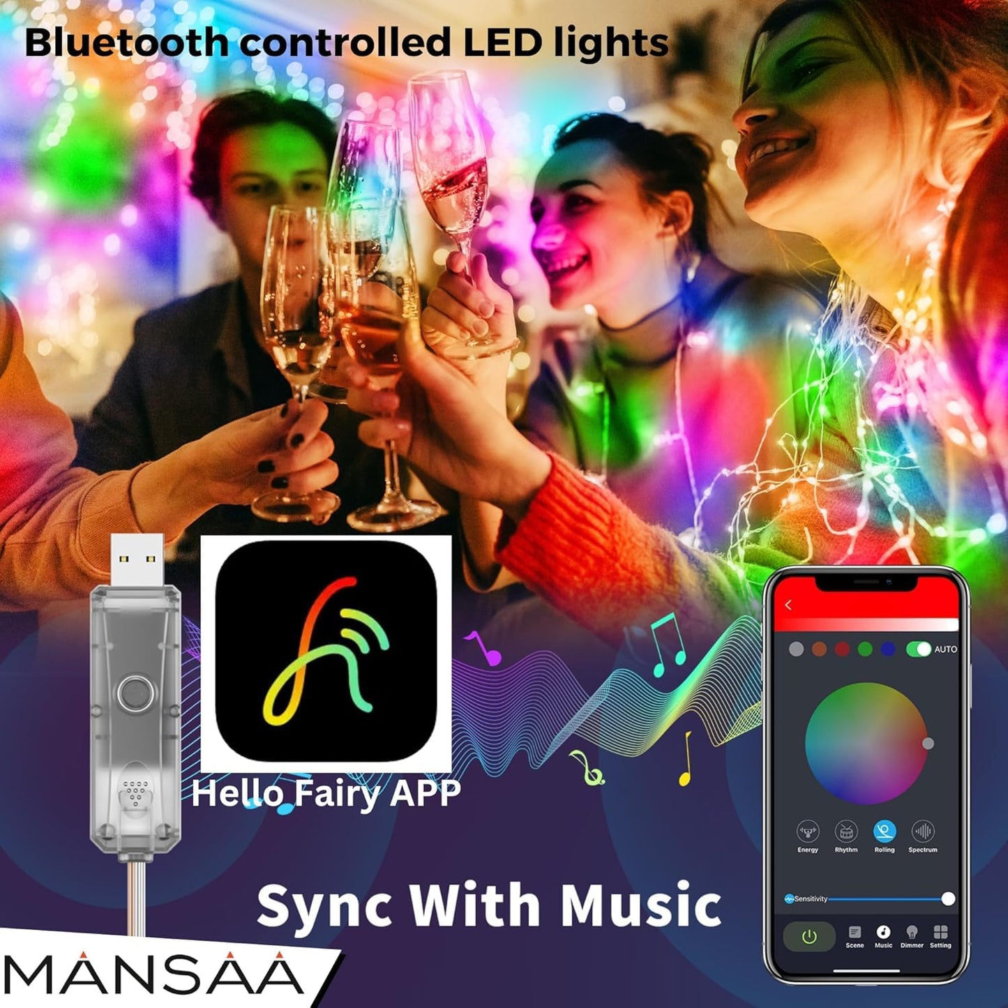 10M USB Led Fairy String Light Bluetooth APP RGB IC |Multi Color LED Fairy Lights | RGB USB Twinkle Smart Fairy Light |Smart Neon Strip Lights | Music Sync RGB Lights with Remote | Multicolor