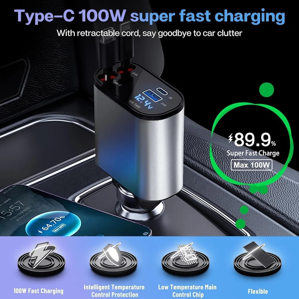 4 in 1 Car Charger 4 in 1 Retractable Car Charger Fast Charger All in One Charger Multi Port Charger