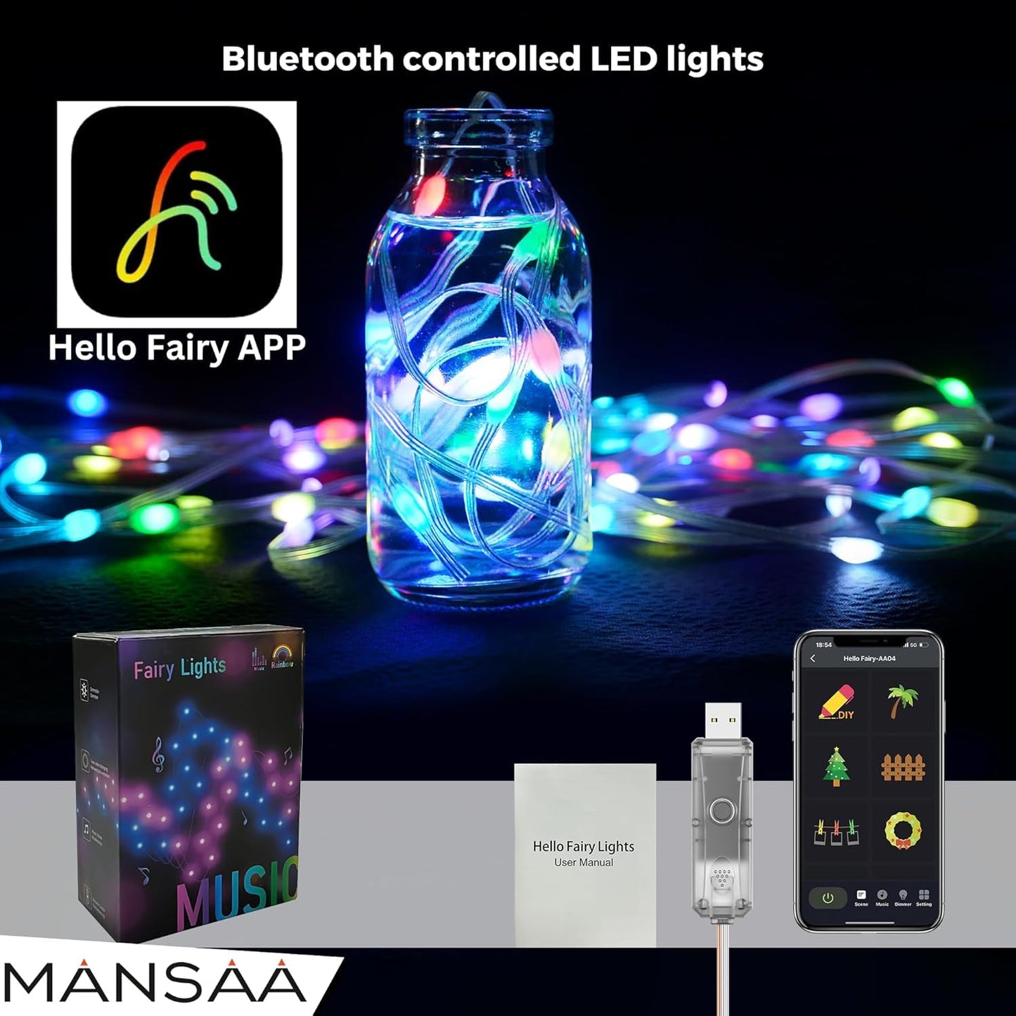 10M USB Led Fairy String Light Bluetooth APP RGB IC |Multi Color LED Fairy Lights | RGB USB Twinkle Smart Fairy Light |Smart Neon Strip Lights | Music Sync RGB Lights with Remote | Multicolor