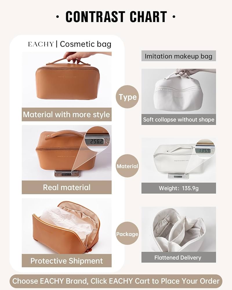 Makeup Pouch, Large Capacity Cosmetic Travel Bag, Women's Makeup Travel Bag Portable Leather Cosmetics Bag, Makeup Bags with Handle and Divider, Wide Opening Makeup Organizer