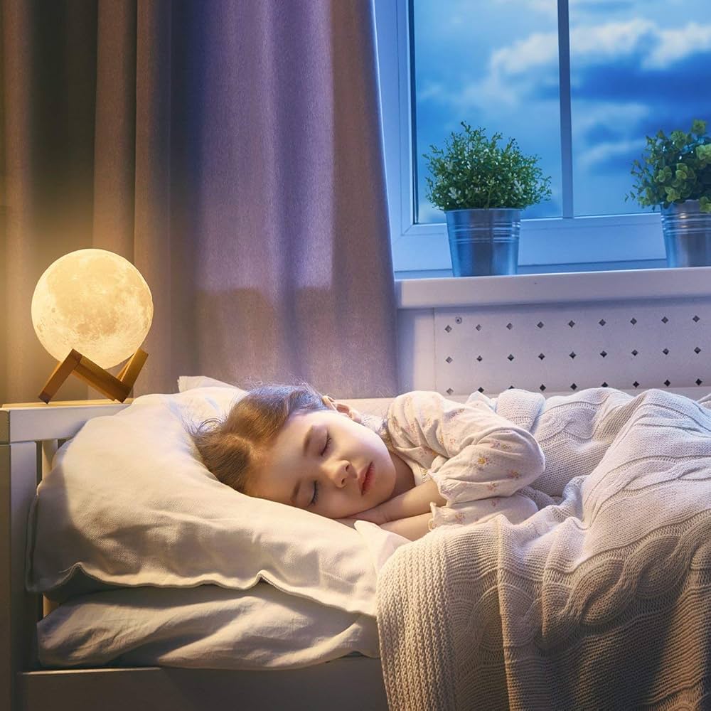 3D Moon Lamp Night Light with Wooden Stand, 15 cm Diameter, Warm White LED