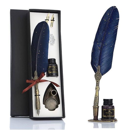 Vintage Carving Glittering Quill Pen Set Antique Calligraphy set Writing Dip Pen with Black Ink, 2 Replacement Nibs, Pen Stand Base, Luxury Signature Pen.
