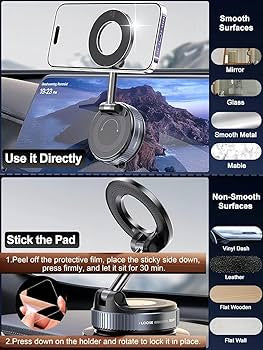 360° Vaccum Magnetic Phones Holder, Magnetic Car Phone Mount, Hands-Free Suction Cup Phones Holder for Car/Gym/Mirror/Shower, Car Mount Compatible with All Mobile (Extended)