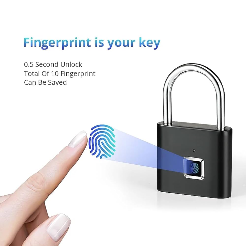 Smart Biometric Fingerprint Padlock – Keyless Security Lock with Up to 10 Fingerprint Storage, Rechargeable Battery & LED Indicator, Durable Waterproof Metal Design for Home