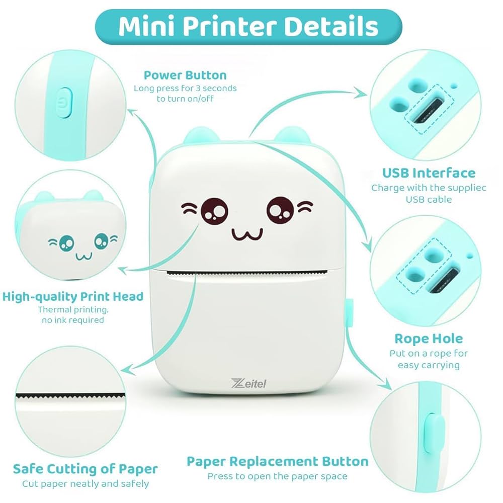Mini Bluetooth Thermal Printer, Portable Label Printer Inkfree Printer for Android & iOS System, Black on White Thermal Printer with Roll of Print Paper (Style 1) (Style 2)