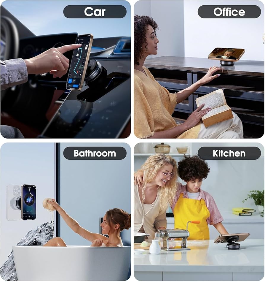 Vacumm Suction Cup Phone Mount Magnetic Car Cell Phone Holder| 360 Rotation | Vacuum Lock Holder for Multipurpose Use | Heavy Duty | Reusable Wall Holder for Kitchen, Bathroom, Desk