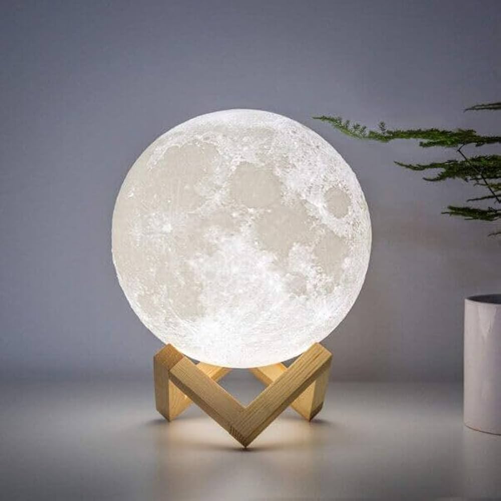 3D Moon Lamp Night Light with Wooden Stand, 15 cm Diameter, Warm White LED