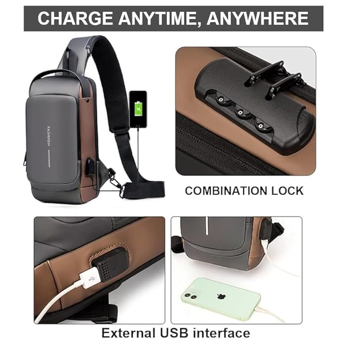 Sling Bag For Men CrossBody Backpack For Men Women, Anti-Theft Chest Bag With USB Charging Port,Messenger Bags, Waterproof Casual Shoulder Bag
