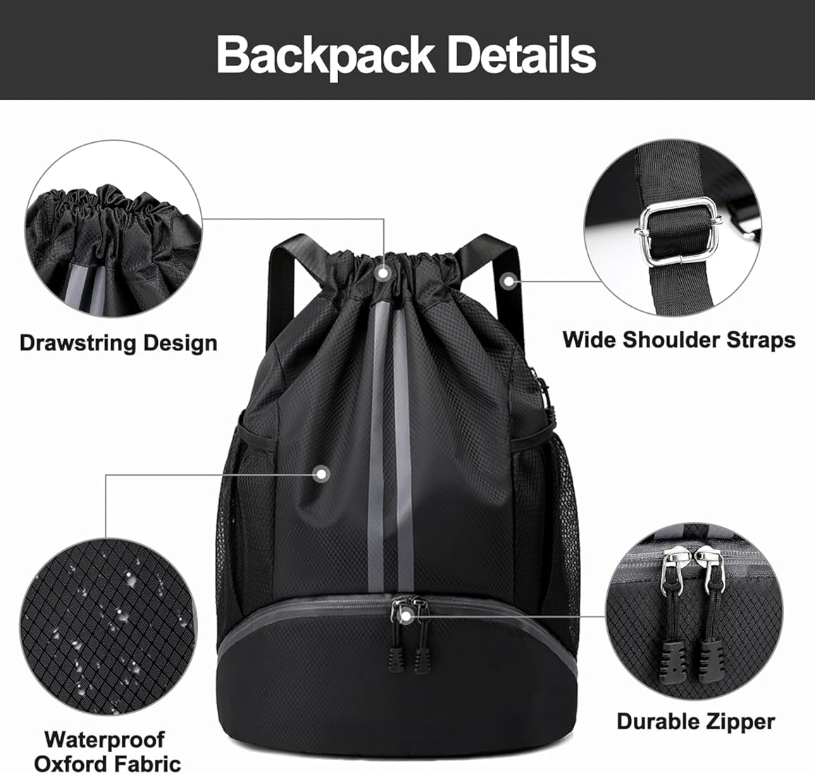 Sports Drawstring Bag Backpack for Men Women - Basketball Bag Gym Backpack Dedicated Shoe Compartment | Waterproof Large Space Gym Bag