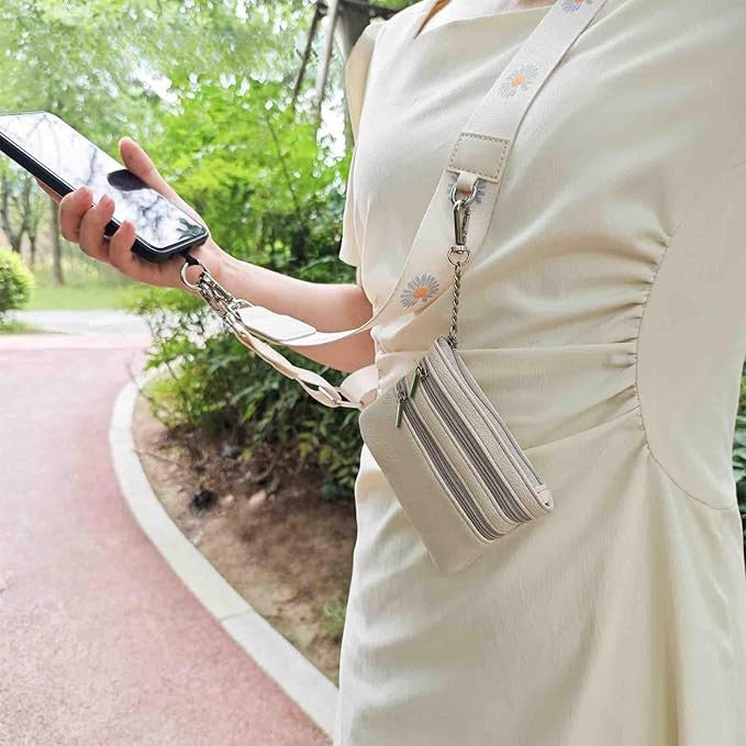 Phone Strap with Zippered Pouch, Detachable Clip and Go Strap with Leather Wallet Crossbody Adjustable Chain Lanyard Mobile String for Phones Sling Case, Gift for Women