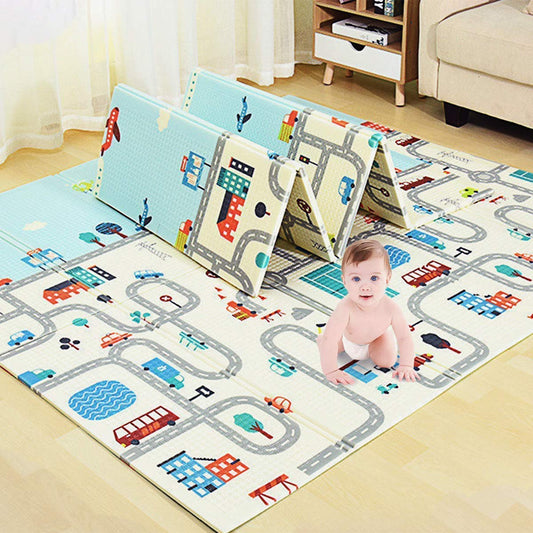 Reversible Baby Play Mat, BPA Free Learning & Crawling Foldable Foam Mat Non Slip Reversible Road & Lane Printed Baby Play Mat , Cute Foldable Thick Foam Floor Mats for Toddlers Kids Play Room