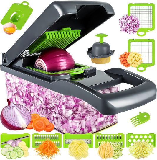 14 in 1 Food Chopper Vegetable Cutter Slicer Dicer with 8 Interchangeable Blades Onion Chopper with Container Multipurpose Manual Chopper for Kitchen Fruits and Vegetables