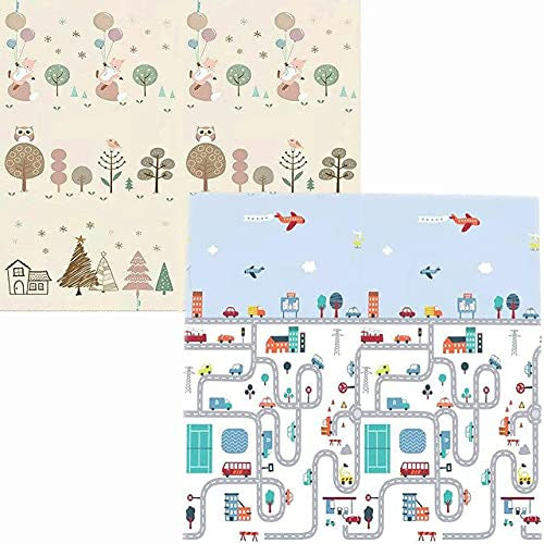 Reversible Baby Play Mat, BPA Free Learning & Crawling Foldable Foam Mat Non Slip Reversible Road & Lane Printed Baby Play Mat , Cute Foldable Thick Foam Floor Mats for Toddlers Kids Play Room