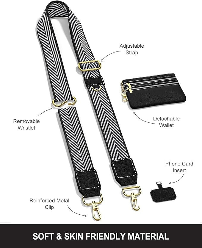 Phone Strap with Zippered Pouch, Detachable Clip and Go Strap with Leather Wallet Crossbody Adjustable Chain Lanyard Mobile String for Phones Sling Case, Gift for Women