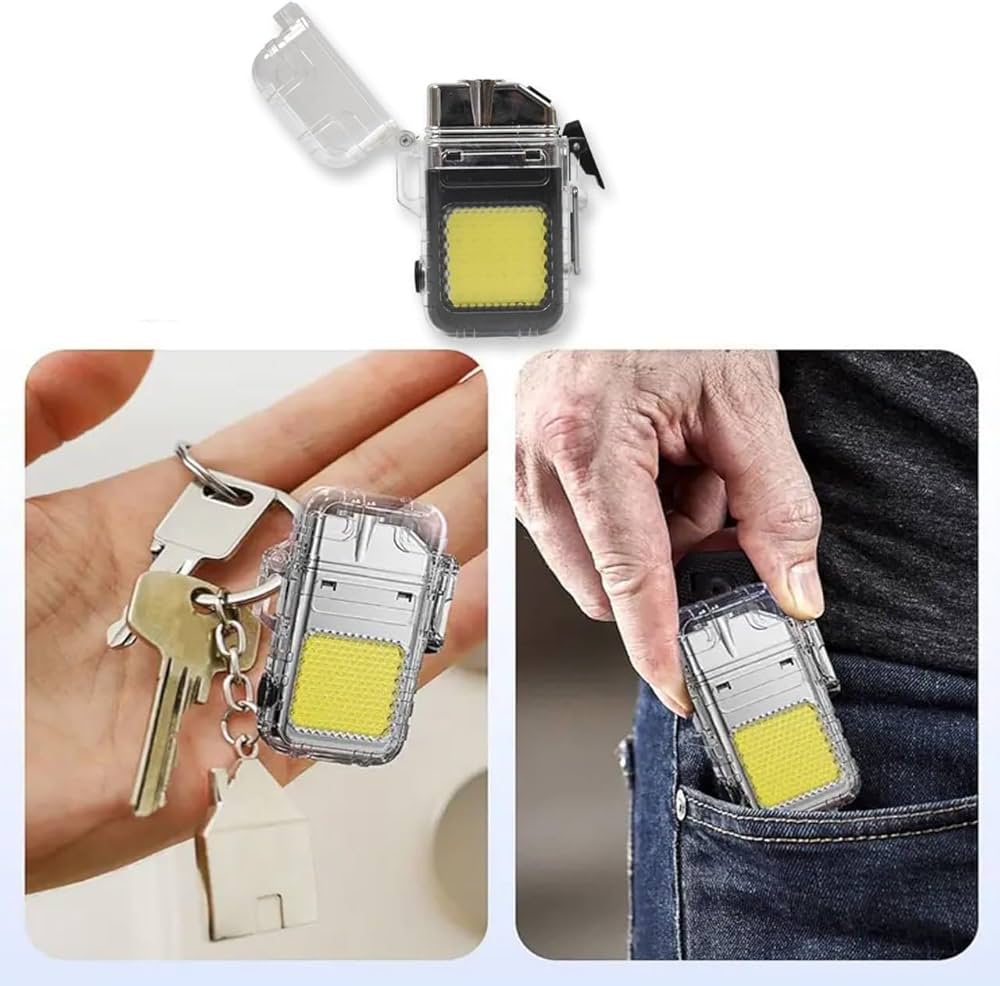 Waterproof USB Rechargeable LED Flashlight Lighter – Transparent Keychain Torch with Plasma Arc, Windproof Flameless Mini Lantern for Outdoor, Camping, Hiking & Survival