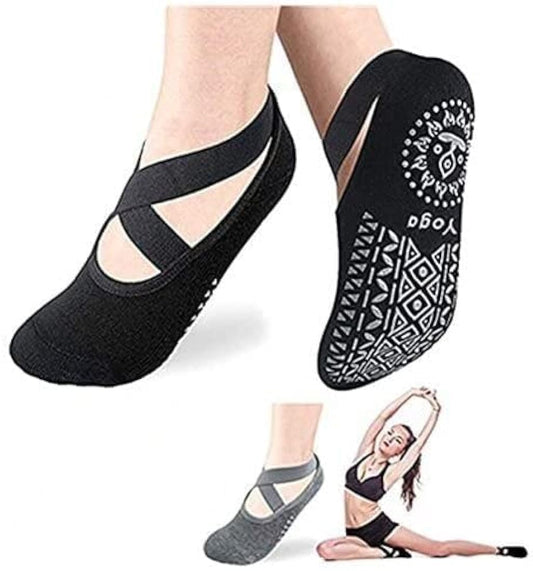 Yoga Socks for Women, girls Anti-Skid, Bacterial Pilates Dance Ballet Cotton Walking & Ankle Grips & Straps, Multicolor