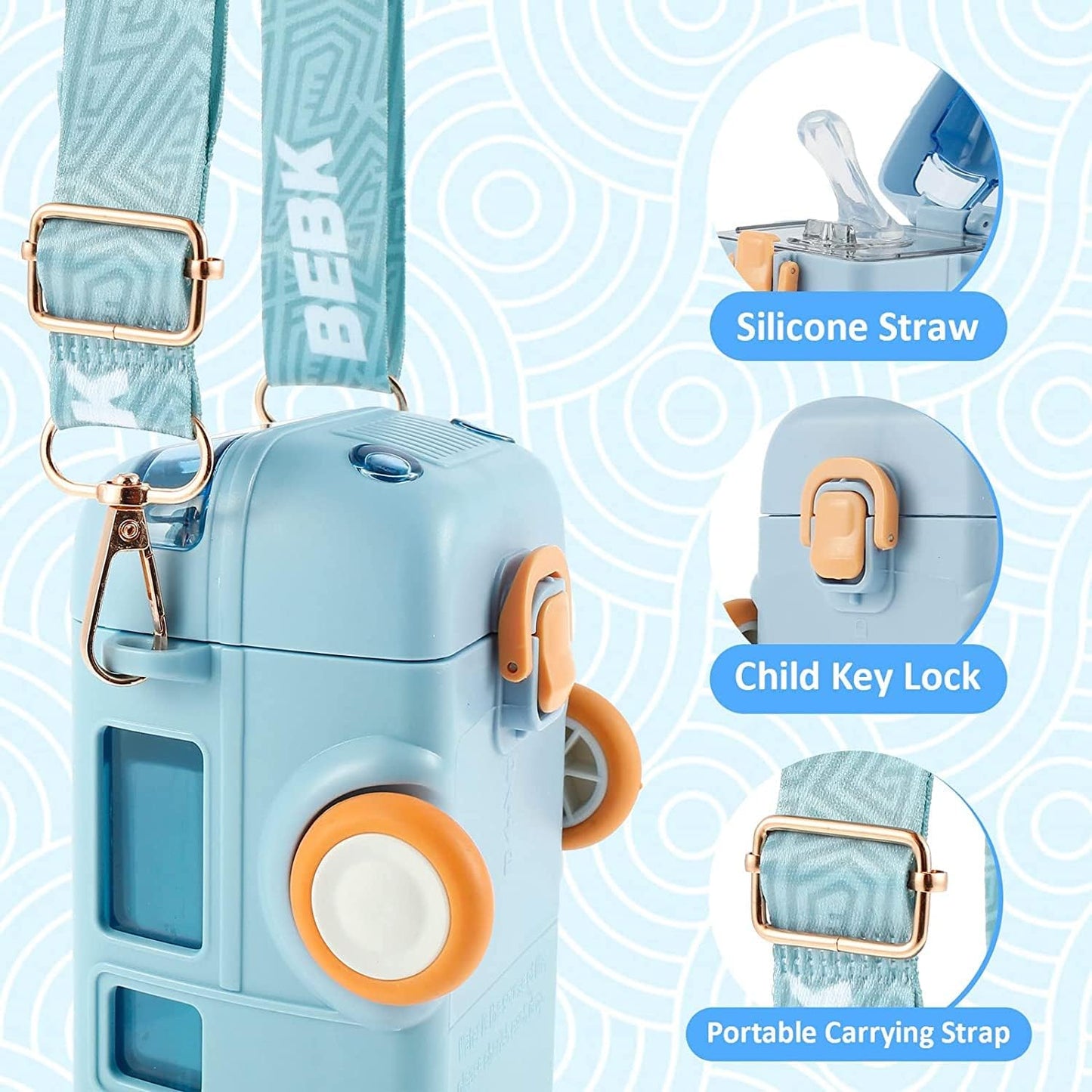 Bus Water Bottle for Kids-16oz Detachable Bus Straw Water Cup with Shoulder Strap Leak-Proof Kids Drink Cup Cartoon Water Jug Toy with Wheels Toddler Water Bottle