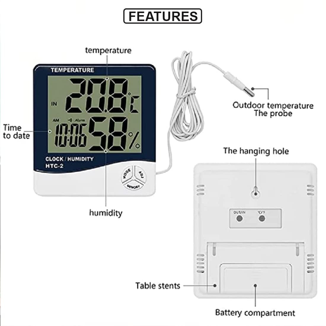 MCP Healthcare Digital Thermometer Hygrometer HTC-2 Room Thermometer with Humidity Incubator Meter and Accurate Temperature Indicator Wall Mounting LCD Digital Clock Monitor for Indoor