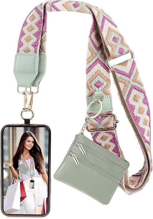 Phone Strap with Zippered Pouch, Detachable Clip and Go Strap with Leather Wallet Crossbody Adjustable Chain Lanyard Mobile String for Phones Sling Case, Gift for Women