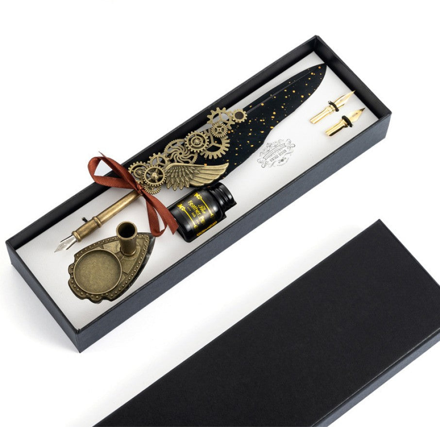 Vintage Carving Glittering Quill Pen Set Antique Calligraphy set Writing Dip Pen with Black Ink, 2 Replacement Nibs, Pen Stand Base, Luxury Signature Pen.