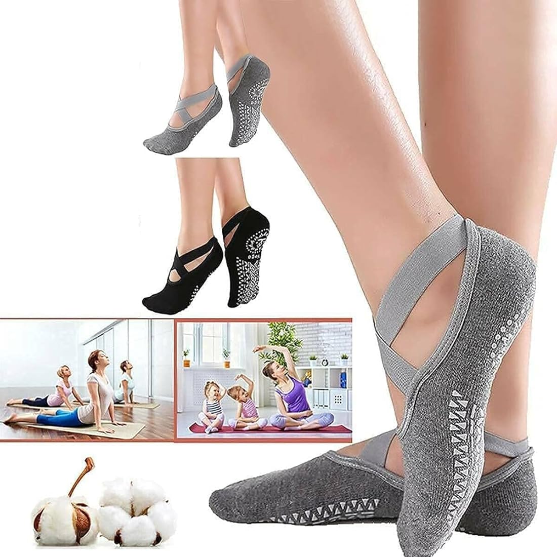 Yoga Socks for Women, girls Anti-Skid, Bacterial Pilates Dance Ballet Cotton Walking & Ankle Grips & Straps, Multicolor