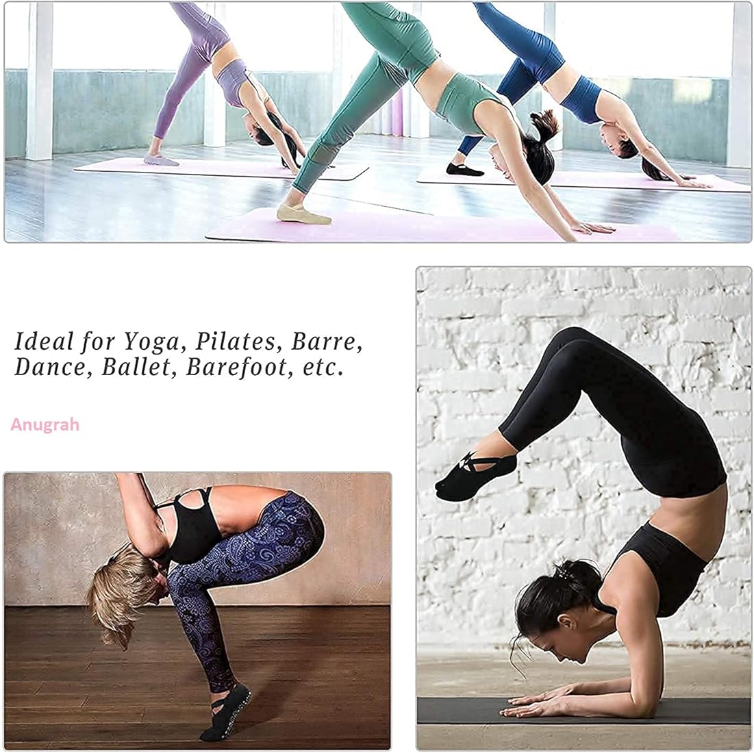 Yoga Socks for Women, girls Anti-Skid, Bacterial Pilates Dance Ballet Cotton Walking & Ankle Grips & Straps, Multicolor